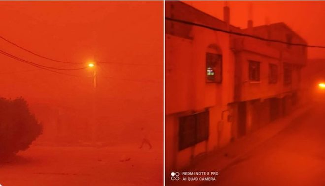 アルジェリアで砂嵐により光景が真っ赤に染まる